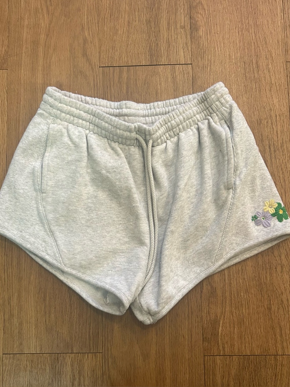 PINK Victoria’s Secret Light Gray Embroidered Flower Fleece Shorts